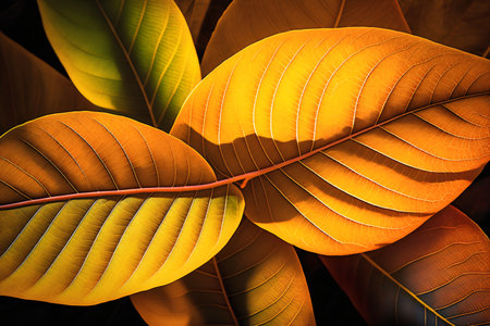 Close up of yellow and orange ficus tree leaves with sunlight.の写真素材