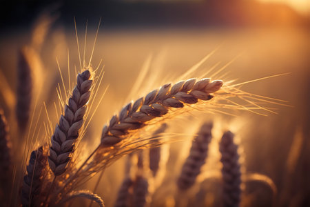 Ears of wheat on the field in the rays of the setting sunの写真素材