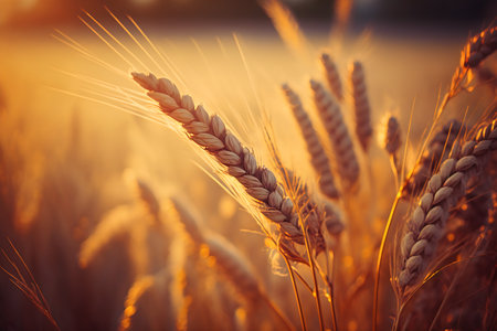 Wheat field at sunset. Ears of golden wheat close-up. Rural landscape.の写真素材