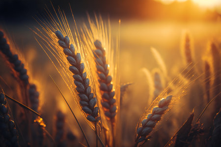 Wheat field at sunset. Beautiful Nature Sunset Landscape. Rural Scenery under Shining Sunlight.の写真素材