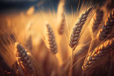 Ears of wheat in a field at sunset. Shallow depth of fieldの写真素材