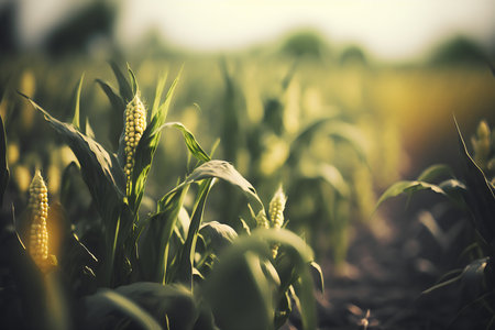 Closeup of young corn plants growing in the field. Agricultural backgroundの写真素材