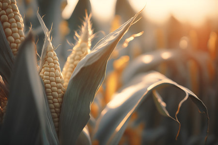 Ripe corn on the field at sunset. Shallow depth of fieldの写真素材