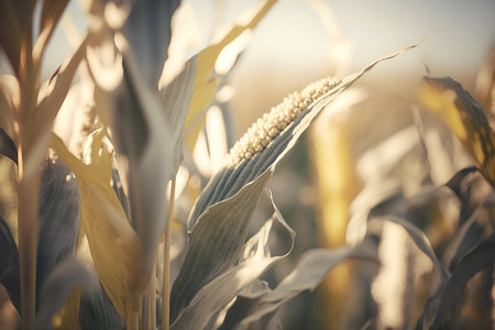 Corn field in the evening sun. vintage tone. Selective focus.の写真素材