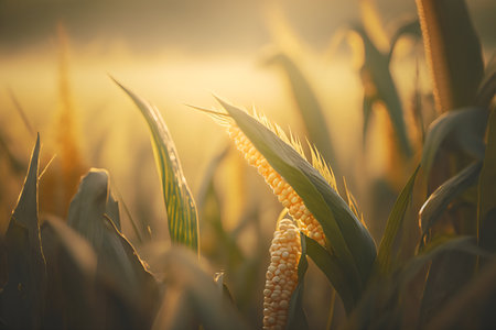 Ripe corn on the field in the rays of the setting sunの写真素材
