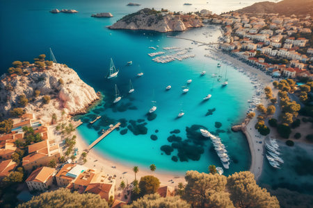 Aerial view of beautiful beach and bay with boats in Zakynthos island, Greeceの写真素材