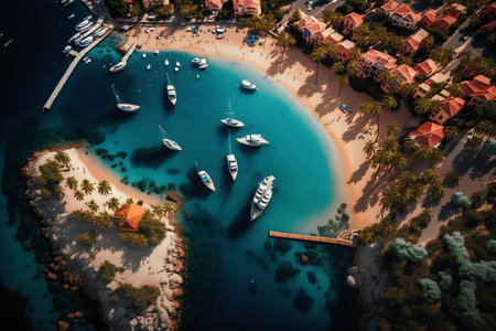 Aerial view of beautiful tropical beach with yachts and boatsの写真素材
