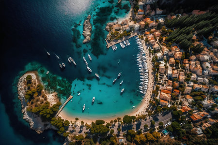 Aerial view of beautiful beach with yachts and boats in Croatiaの写真素材