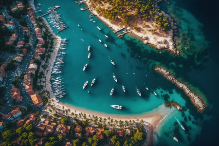 Aerial view of beautiful bay with luxury yachts and boatsの写真素材