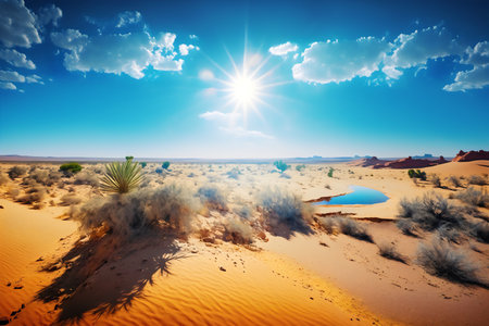 Desert landscape with blue sky and sun. Fantastic nature background.の写真素材