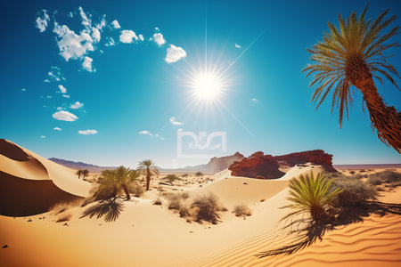 Desert landscape with palm trees and sun. 3D Renderingの写真素材