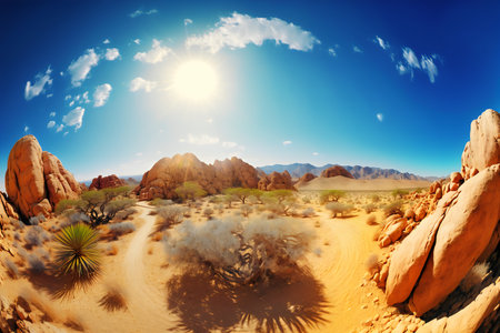 Desert landscape with blue sky and white clouds. 3d renderingの写真素材