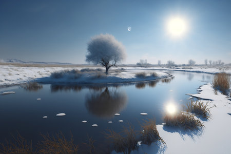 Winter landscape with frozen lake and blue sky. 3d render.の写真素材
