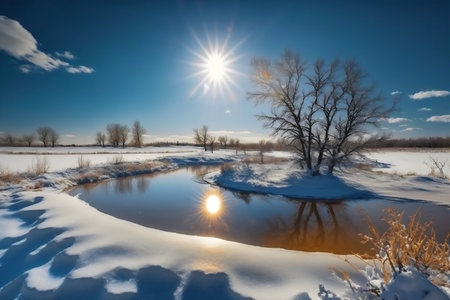 beautiful winter landscape with frozen river and trees on a sunny dayの写真素材
