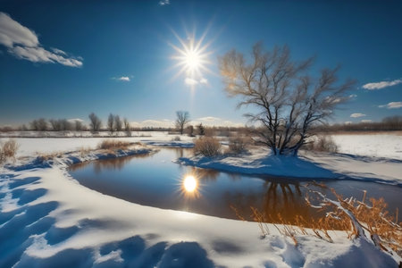 Beautiful winter landscape with frozen river and blue sky with clouds.の写真素材