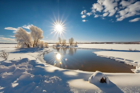 Winter landscape. Frosty sunny morning on the river. Russia.の写真素材