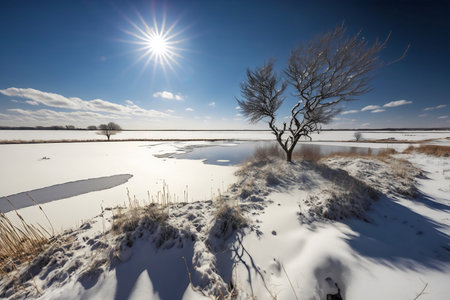 Winter landscape with frozen lake and lonely tree in the foreground, Ukraineの写真素材