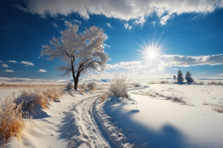 Beautiful winter landscape with snow covered trees and blue sky with cloudsの写真素材