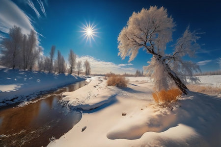 Frosty winter morning on the bank of the Irtysh River. Siberia, Russiaの写真素材