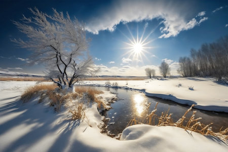 Beautiful winter landscape with trees on the bank of a frozen riverの写真素材