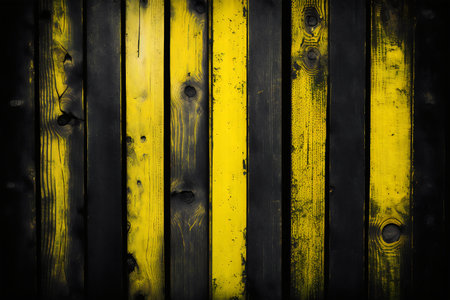 Old wooden fence with yellow and black stripes. Grunge background.の写真素材