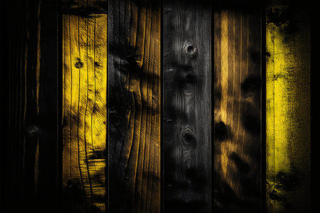 Old wood planks painted in yellow and black. grunge backgroundの写真素材