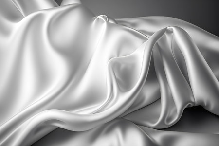 Closeup of rippled white silk fabric on gray background. 3d render illustrationの写真素材