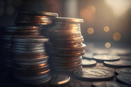Stacks of coins with bokeh background, business and finance concept.の素材