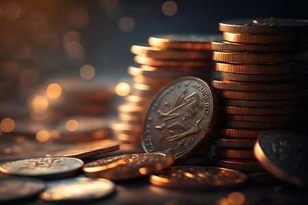 Stack of coins with bokeh background. Finance concept.の素材