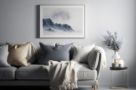 Interior of modern living room with gray sofa and mock up poster. 3d renderingの素材
