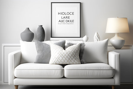 Interior of modern living room with white sofa, pillows and lampの素材
