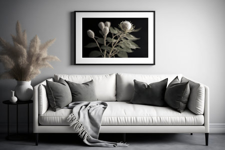 Interior of modern living room with gray sofa and plant. 3d renderingの素材