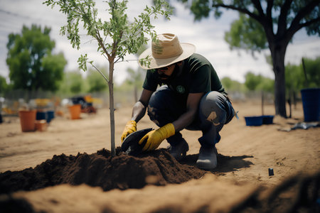 Male gardener planting a tree in the garden on a sunny dayの素材
