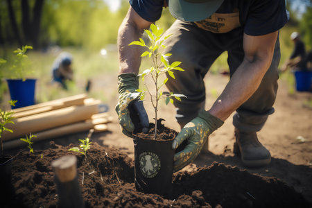 Gardener planting tree in the garden. Gardening concept.の素材