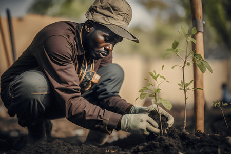 African american gardener planting a seedling in the ground in the gardenの素材