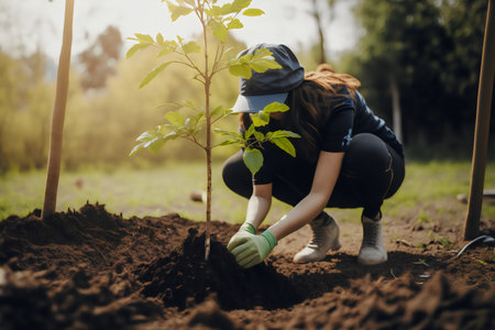 Young woman planting tree in the garden. Gardening and planting concept.の素材