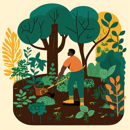 Vector illustration of a gardener working in the garden. The concept of caring for the environment.の素材