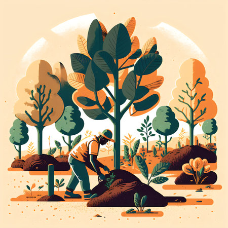 Gardener planting trees in the garden. Flat vector illustration.の素材