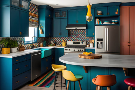 Interior of a modern kitchen in blue tones. 3d renderingの素材