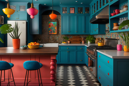 Interior of modern kitchen with blue and red furniture. 3d renderingの素材