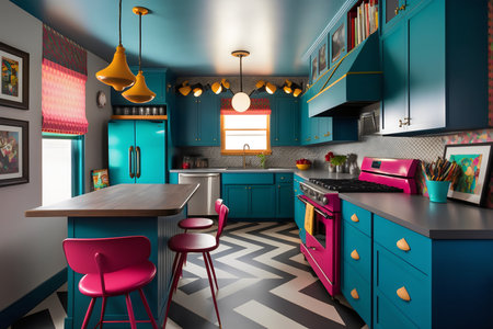 3d render of a modern kitchen in blue and pink tones.の素材