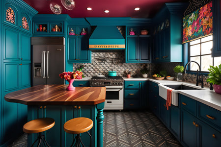 3d rendering of classic blue kitchen in a house with a beautiful designの素材