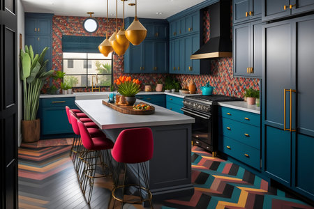 Interior of modern kitchen with black and blue color. 3d renderingの素材