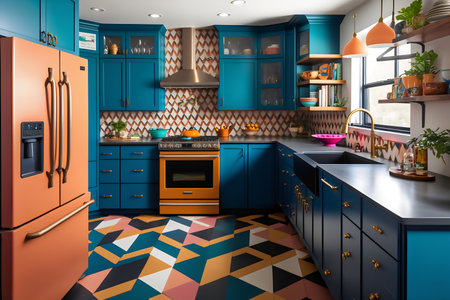 Kitchen with blue and orange color design. 3d rendering.の素材