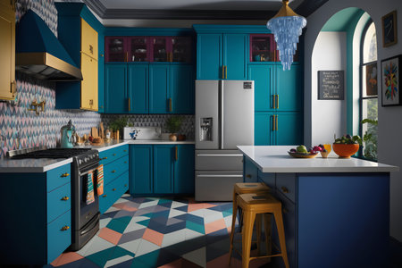 3d Illustration of a blue modern kitchen in a loft styleの素材