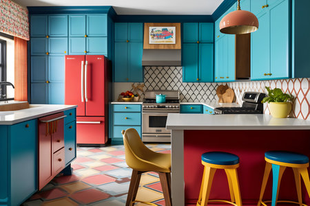 Interior of modern kitchen with blue and yellow furniture 3D renderingの素材