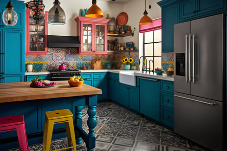 3d render of a modern kitchen with blue and yellow tiled wallsの素材