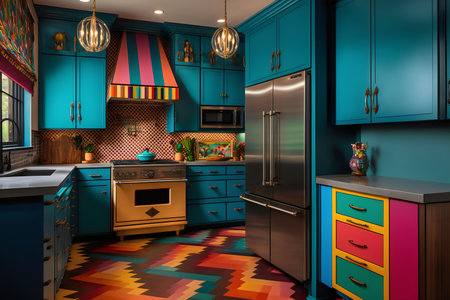 3d render of a modern kitchen in blue and green tones.の素材