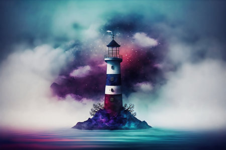Lighthouse on the island in the sea with smoke, 3d illustrationの素材