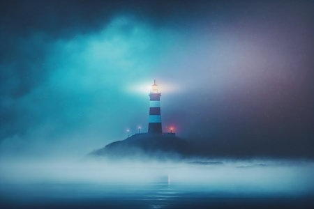 Light house on the foggy sea at night. Light house on the foggy sea.の素材